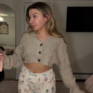 Garage Cropped Beige Knit Button Cardigan Sweater